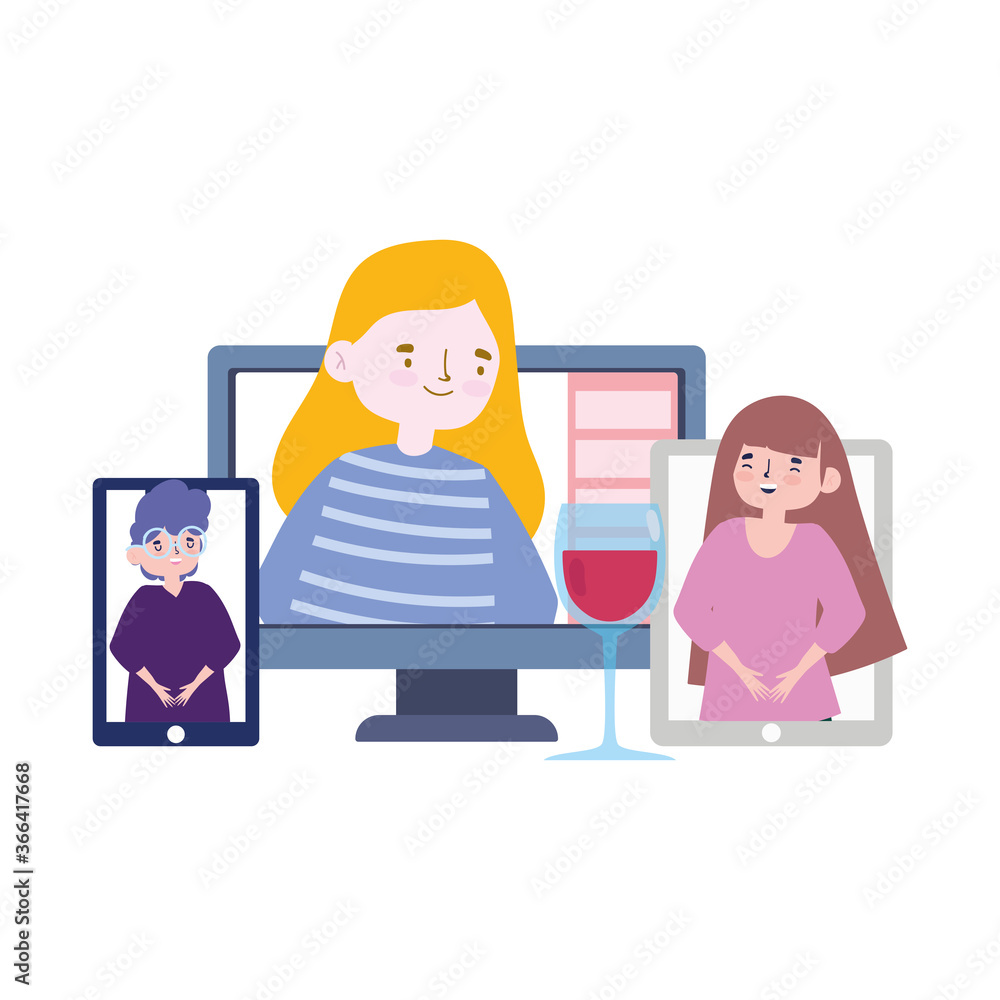 online party, meeting friends, greeting people by social media or phone to keep distance online party, meeting friends, greeting people by social media or phone to keep distance