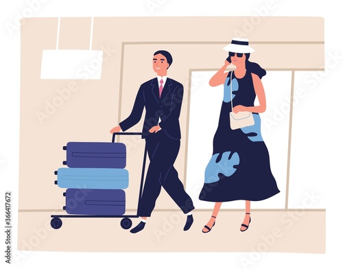 People, passenger at airport, depart, arrival for journey. Porter man pushes ...