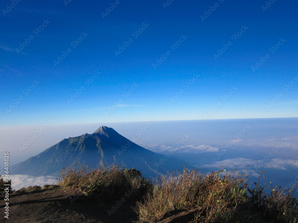 The landscape of Mount Merapi in Central Java, Indonesia, with a background of blue sky, edelweiss trees and clouds