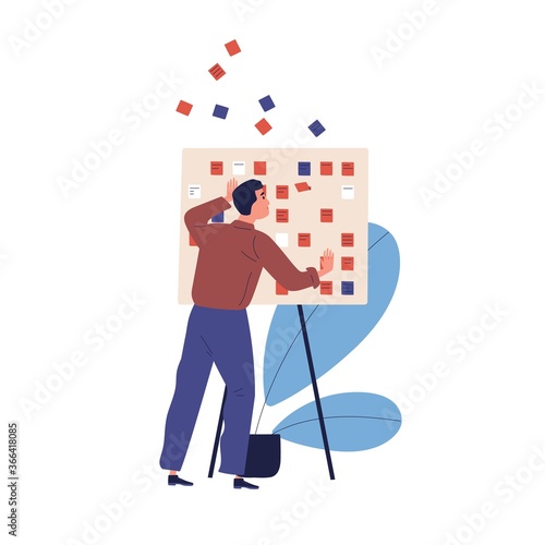 Concept of missing deadline, bad time management. Scene of upset, nervous man standing by work clipboard with flying notes, papers. Flat vector cartoon illustration isolated on white background
