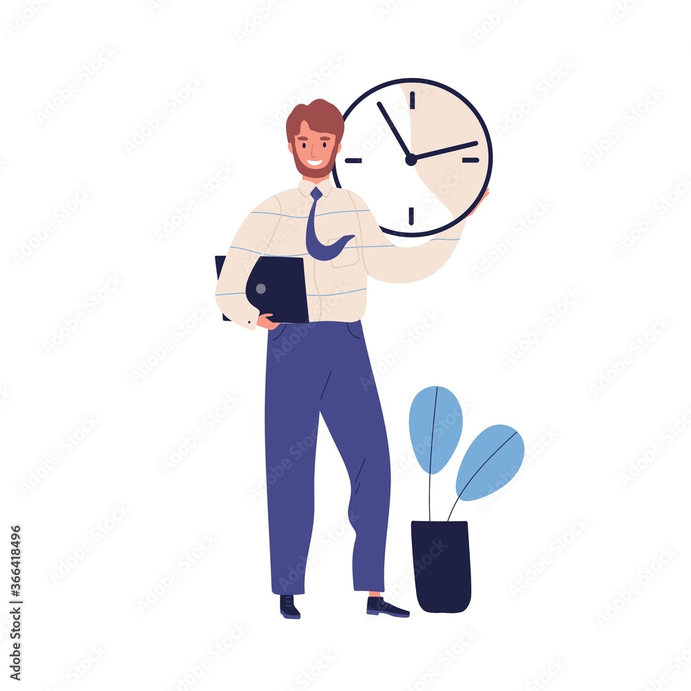 Time control concept, organization of process, businessman standing at wall  with clock adjusts time 5977298 Vector Art at Vecteezy