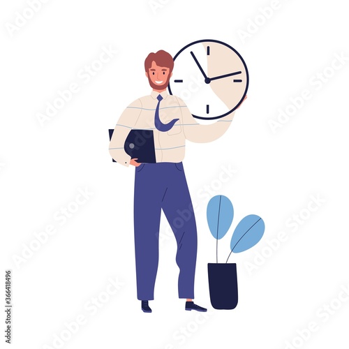 Good time management, scheduling concept. Successful task planning, work effectiveness. Office manager, happy man holding wall clock. Flat vector cartoon illustration isolated on white background
