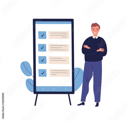 Concept of successful task completion, organize effective daily plan, time management. Happy man stand by clipboard with big mobile interface. Flat vector illustration isolated on white background photo
