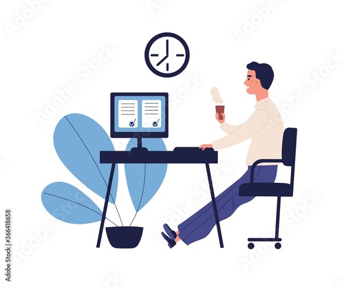 Concept of good time management, productive work, self organization. Office man having coffee break with done to do list, appointment in flat vector cartoon illustration isolated on white background