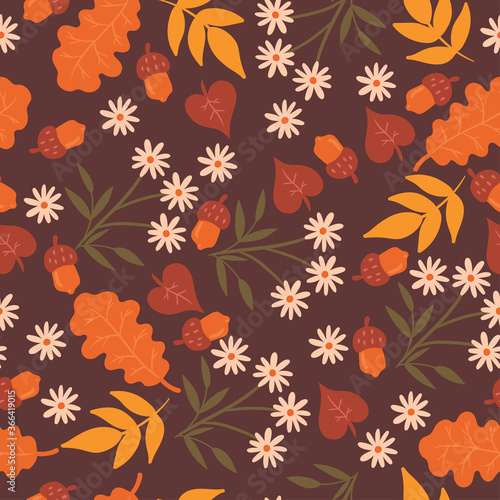 Seamless pattern with flowers and autumn leaves. Vector graphics.