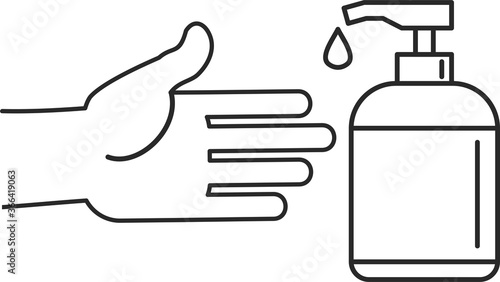 Hand sanitizer bottle, personal protective equipment, disinfectant sprays to prevent viruses, coronavirus. The hand reaches for the bottle of antiseptic. Vector flat infographics illustration