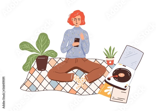 Modern girl, woman in comfy, hygge homewear chatting, listen music records on turntable at home. Online communication, surfing internet. Flat vector cartoon illustration isolated on white background