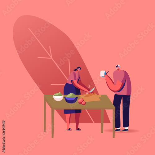 Chef Woman Cooking Slicing Vegetable Man Put Recipe Notes in Notepad. Social Media Blogger Broadcasting Culinary Program