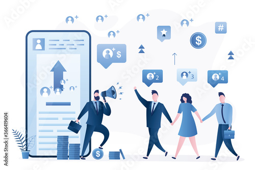 Referral program concept. Promotion campaign and target marketing, mobile advertising. Businessman uses loudspeaker to attract referrals.