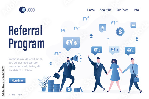 Referral program landing page template. Promotion campaign. Businessman or blogger uses loudspeaker to attract referrals.