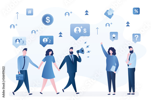 Referral program concept. Promotion campaign, target marketing. Businessman or blogger uses loudspeaker to attract referrals.