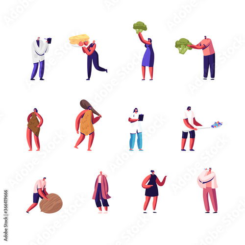 Set of Male and Female Characters Patients and Doctors, Paleo Diet Nutrition. Tiny People with Huge Food, Drinking Water