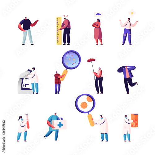 Set of Icons Tiny Characters Optimist and Pessimist, Man with Huge Ruler, Scientist, Doctor with Pills and Glass Flask