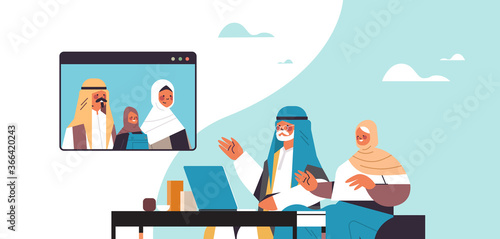 arabic parents and daughter having virtual meeting with grandparents during video call family chat communication concept portrait horizontal vector illustration