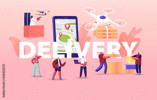 People Using Drones for Food Delivery Concept. Quadcopters Bringing Pizza to Characters. Aerial Drone Remote Control