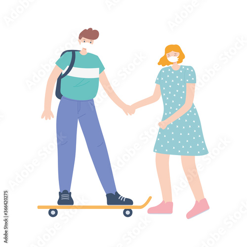 people with medical face mask, couple holding hands with skate, city activity during coronavirus