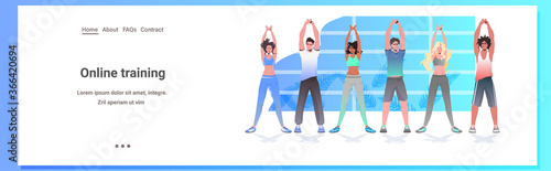 mix race people doing yoga fitness exercises training healthy lifestyle concept men women working out together horizontal full length copy space vector illustration