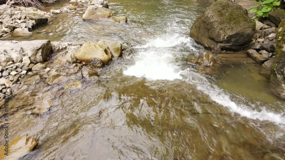 Drone shot at powerful mountain water stream or river runs down hill in summer day. Water in natural stream at national park, protected natural area or reserve.Travel destination for tourism Drone shot at powerful mountain water stream or river runs down hill in summer day. Water in natural stream at national park, protected natural area or reserve.Travel destination for tourism