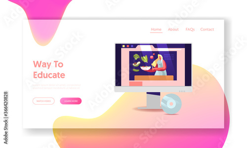 Social Media Blog Landing Page Template. Chef Female Character Video Blogger or Tv Presenter Broadcasting Video Course