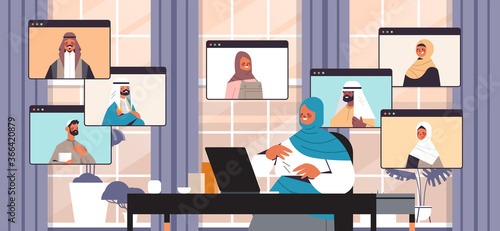arabic businesswoman chatting with arabian colleagues during video call business people having online conference meeting communication concept office interior horizontal portrait vector illustration
