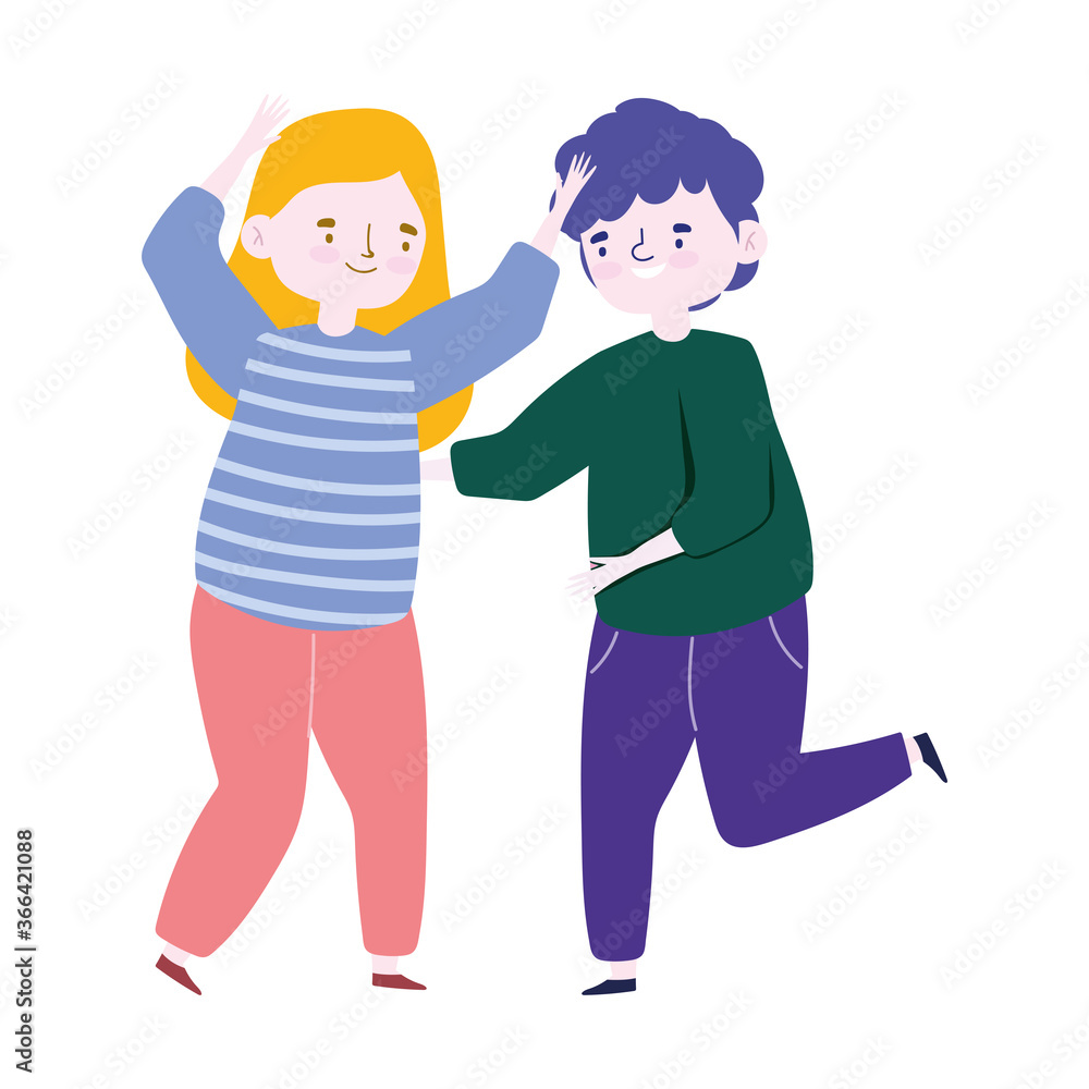 meeting friends, happy couple together character celebrating meeting friends, happy couple together character celebrating