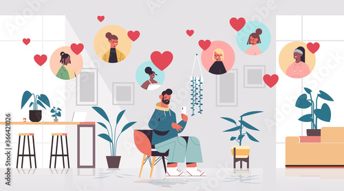 man chatting with mix race women in online dating app virtual meeting social relationship communication find love concept living room interior horizontal full length vector illustration