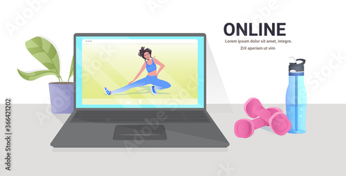 woman doing yoga fitness exercises on laptop screen online training healthy lifestyle concept horizontal copy space vector illustration