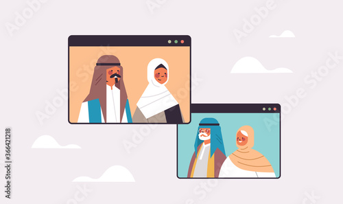 arab couple having virtual meeting with grandparents during video call family chat communication concept arabic people chatting in web browser windows portrait horizontal vector illustration