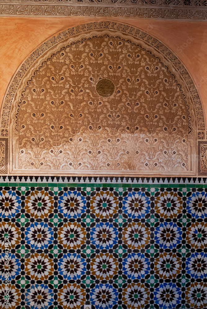 Details of a wall inside the  Ben Youssef Madrasa