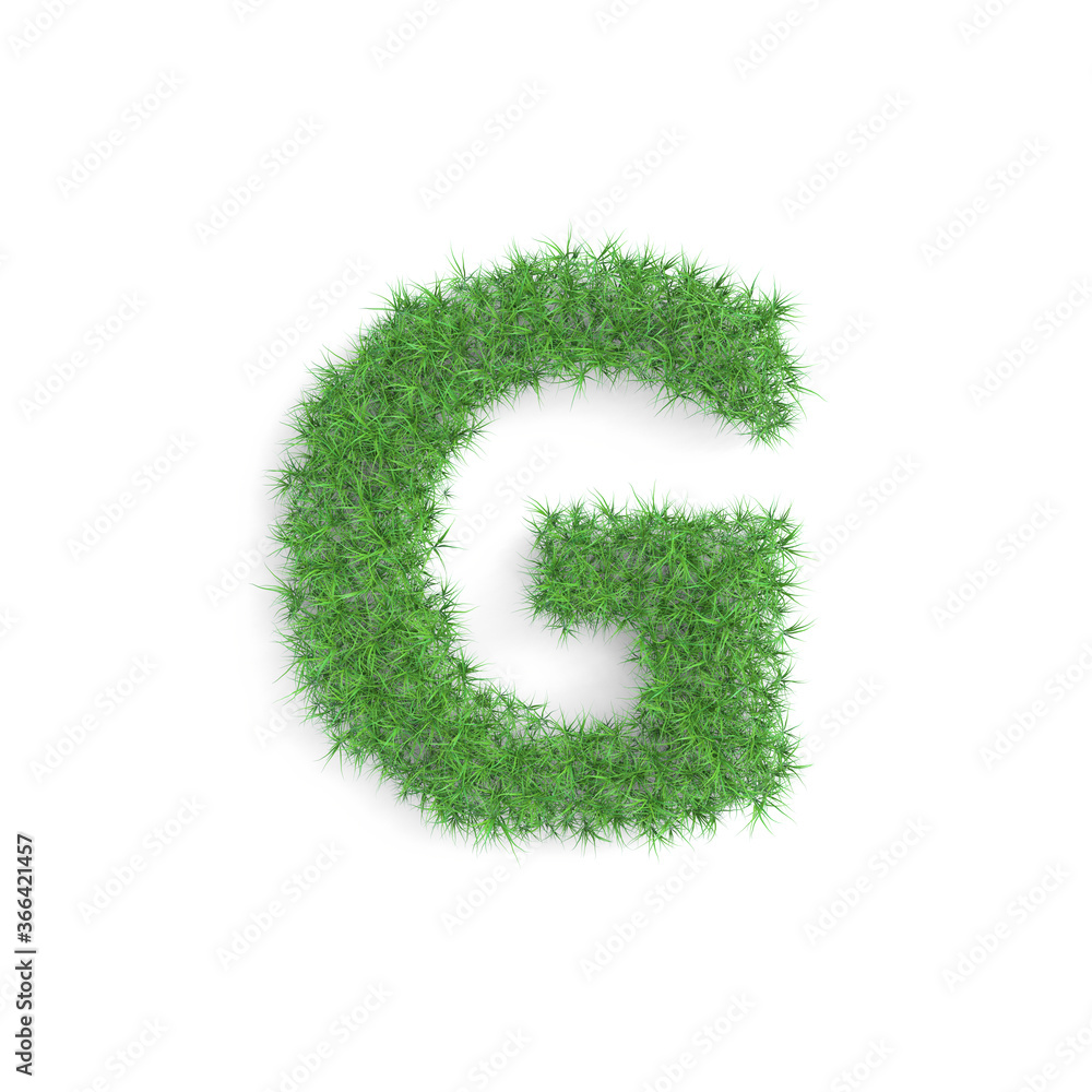 Letter G symbol made of green grass isolated on white background, part of the set. Sustainable technology or lifestyle related 3d rendering Letter G symbol made of green grass isolated on white background, part of the set. Sustainable technology or lifestyle related 3d rendering