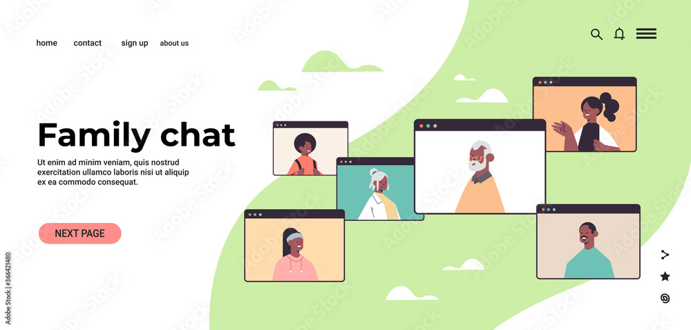 children parents and grandparents during video call family chat online communication concept african american people in web browser windows portrait horizontal copy space vector illustration