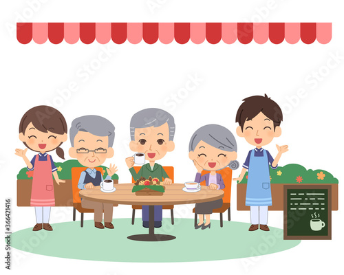認知症カフェで楽しむ人々と介護士　セット