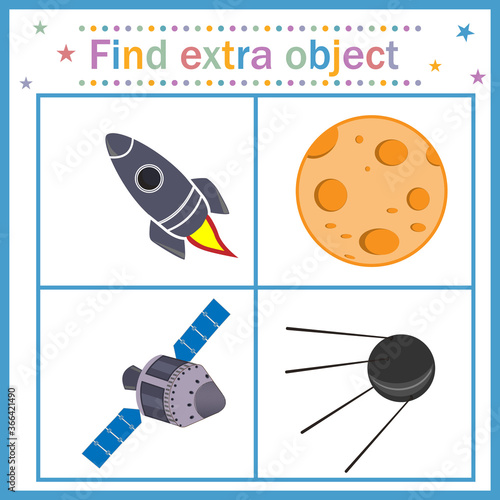 Map game for children s development  find an extra object  where all objects are made by man  except the moon  the Moon is extra. Vector illustration. Education  design