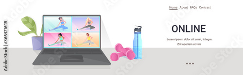 mix race women doing yoga fitness exercises on laptop screen online training healthy lifestyle concept horizontal copy space vector illustration