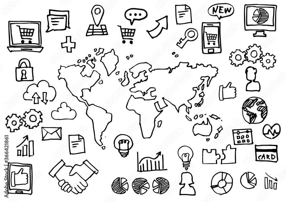 手書きアイコンセット-世界地図とインターネットビジネス 手書きアイコンセット-世界地図とインターネットビジネス