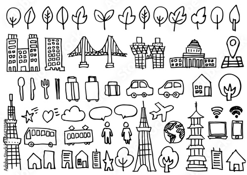 手書きアイコンセット-建物と乗り物