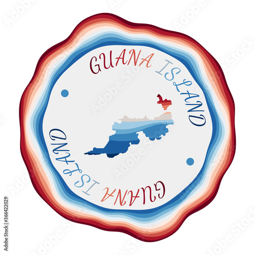 Guana Island badge. Map of the island with beautiful geometric waves and vibrant red and blue frame. Vivid round Guana Island logo. Vector illustration.