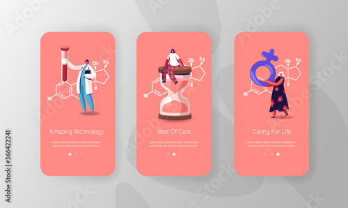 Estrogen Hormones Health, Diagnostics and Treatment. Mobile App Page Onboard Screen Template. Tiny Patients and Doctor