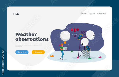 Weather Radiosonde Landing Page Template. Female Character with Meteorology Probe Air Balloon on Meteo Station Probing