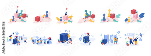 Set of Tiny Male and Female Characters Playing Board Games and Vote on Polling. People Moving Huge Chips and Throw Dice