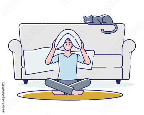 Sleepless man getting mad. Cartoon male suffering from insomnia and feeling bad