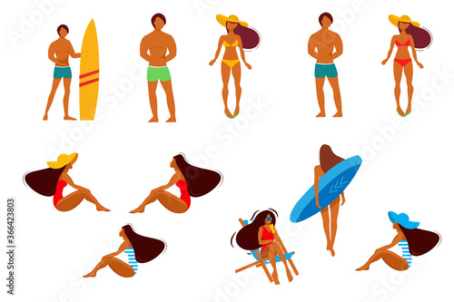 A collection of people on the beach. Women and men sunbathe, walk, carry a surfboard, swim in the sea.