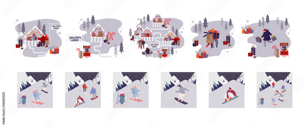 Fototapeta premium Set of Characters Winter Fun and Recreation. People Visiting Christmas Market for Buying Festive Gifts. Sportsmen Skiing