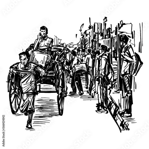Drawing of the rickshaw traditional transportation in India 