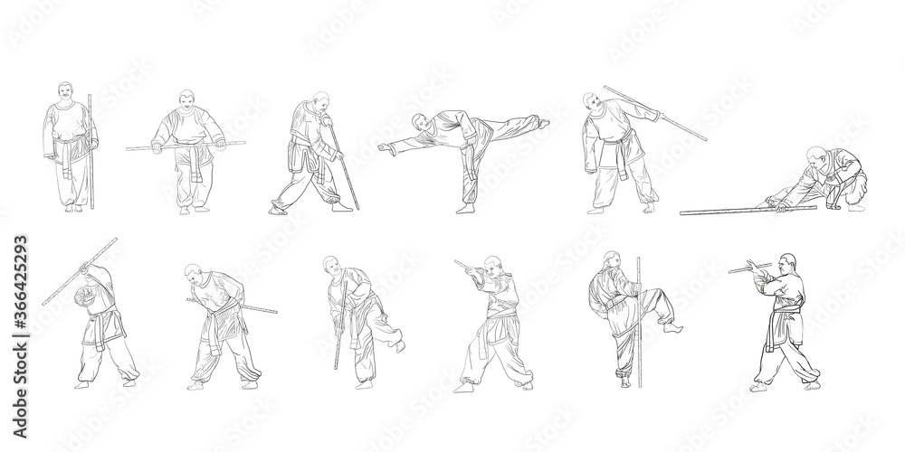 A series of martial steps in single combat. Silhouette. Black and white illustration. Martial art with a pole.