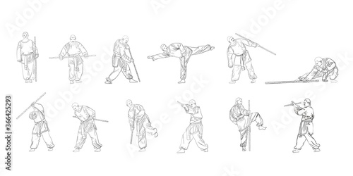 A series of martial steps in single combat. Silhouette. Black and white illustration. Martial art with a pole.