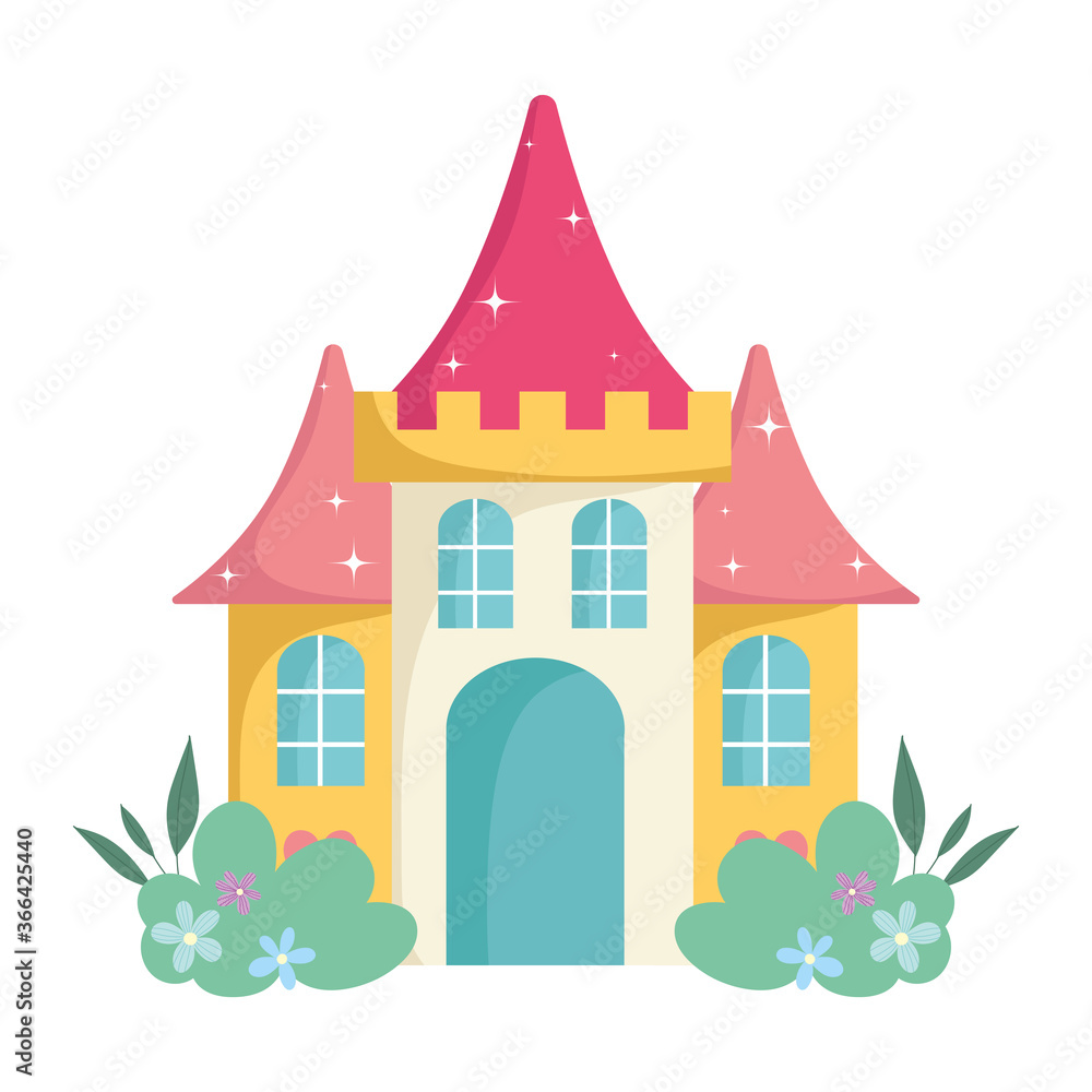 cartoon castle fairy tale flowers isolated icon design