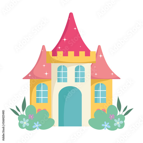 cartoon castle fairy tale flowers isolated icon design