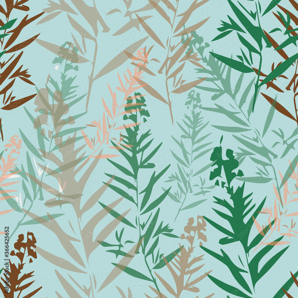 Naklejka premium Elegant seamless pattern with exotic flowers, vector. Botanical seamless pattern with wild herbs. Botanical texture with herbs and leaves. Use for background, wallpaper, surface decoration, textile an