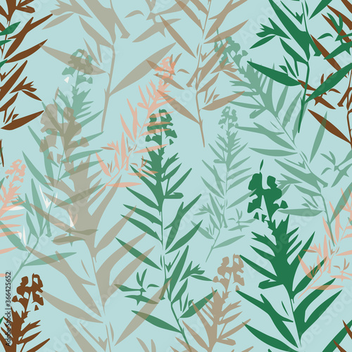 Fototapeta Naklejka Na Ścianę i Meble -  Elegant seamless pattern with exotic flowers, vector. Botanical seamless pattern with wild herbs. Botanical texture with herbs and leaves. Use for background, wallpaper, surface decoration, textile an
